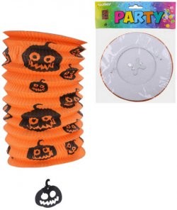 Lampion oranžový potisk dýně 15cm válec Halloween na svíčku