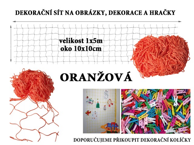 Oranžová dekorační síť na zeď 5x1m oko 10x10cm